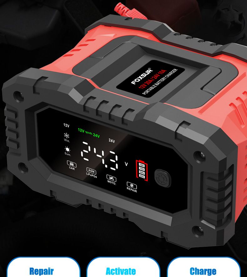 FOXSUR 20A Cargador Portátil de Batería de Coche 12V 24V para Moto, Camión, Baterías AGM, LiFePO4, Plomo-Ácido - Mantenimiento