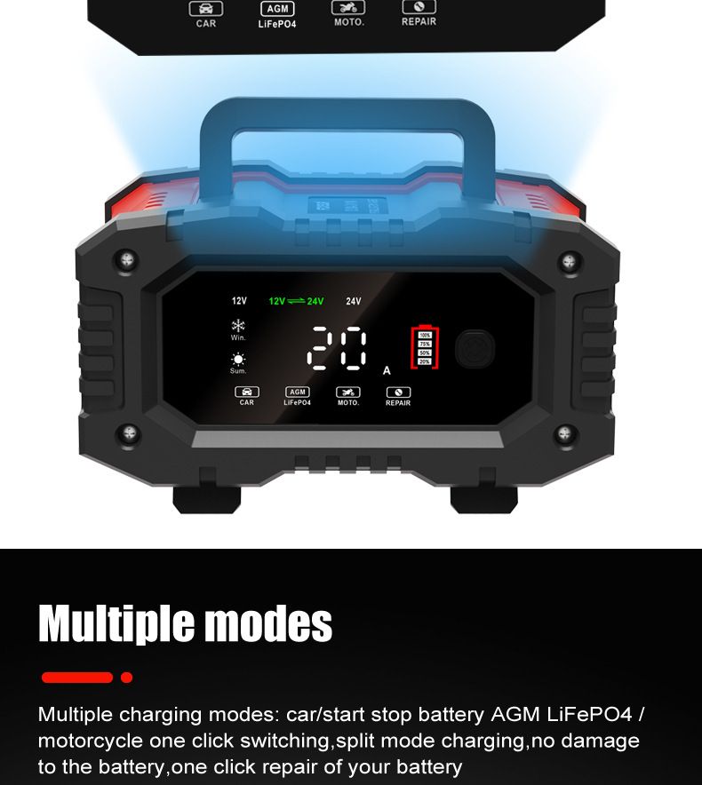 FOXSUR 20A Cargador Portátil de Batería de Coche 12V 24V para Moto, Camión, Baterías AGM, LiFePO4, Plomo-Ácido - Mantenimiento