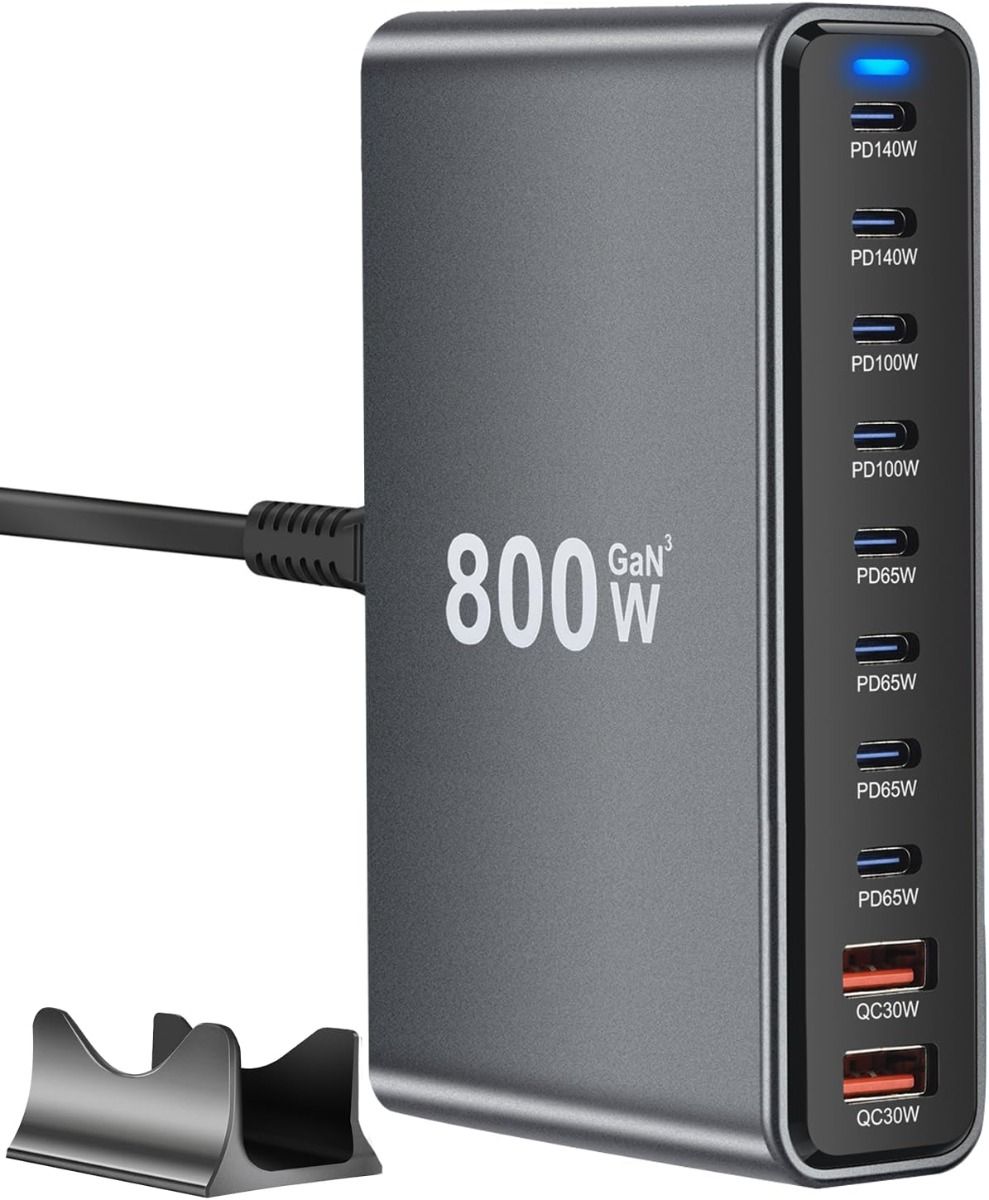 Cargador UBS C 800W GaN III Pro, 10 Puertos, 140W PD3.1, Estación de Carga Rápida Múltiples Dispositivos