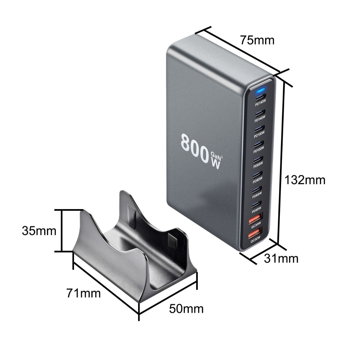 Cargador UBS C 800W GaN III Pro, 10 Puertos, 140W PD3.1, Estación de Carga Rápida Múltiples Dispositivos
