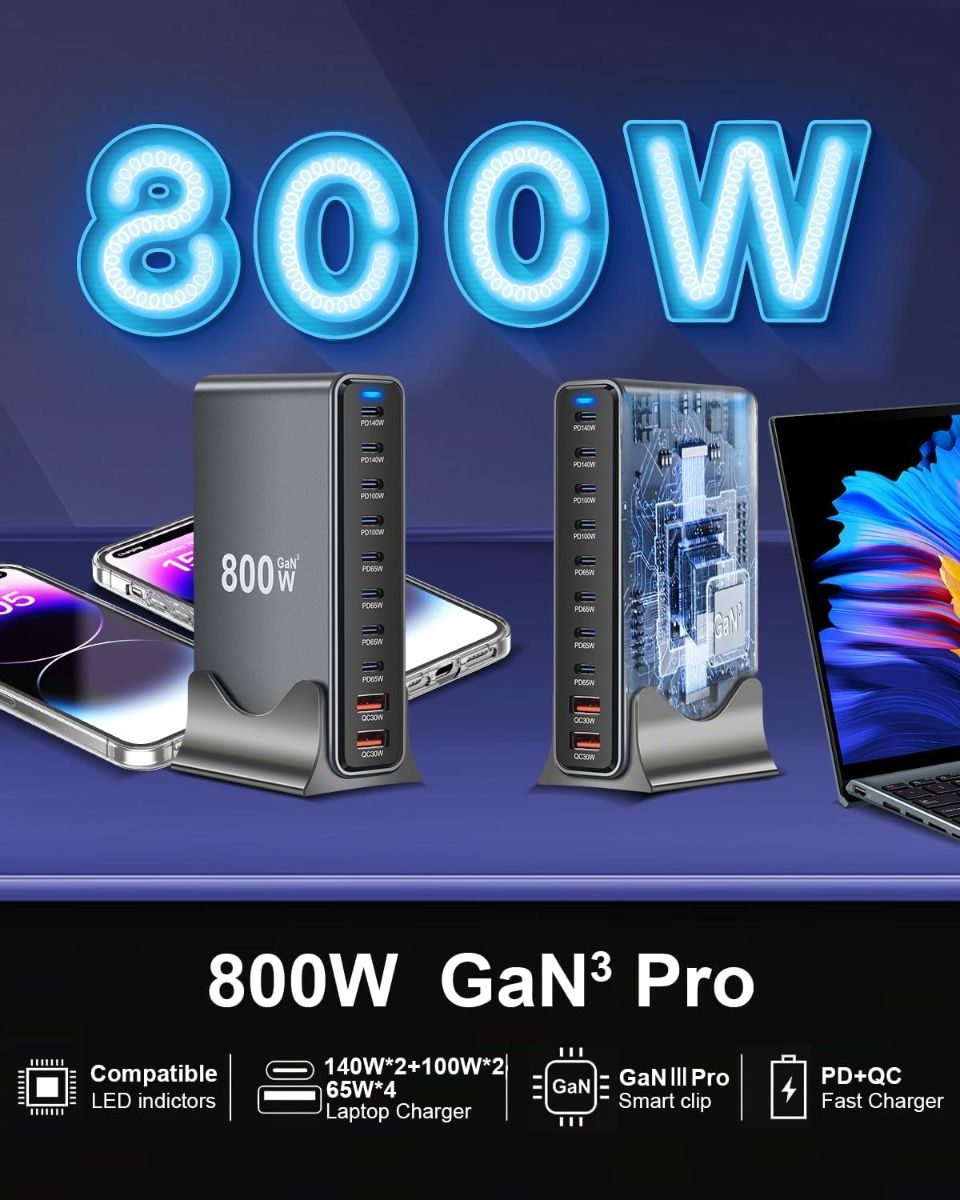 Cargador UBS C 800W GaN III Pro, 10 Puertos, 140W PD3.1, Estación de Carga Rápida Múltiples Dispositivos