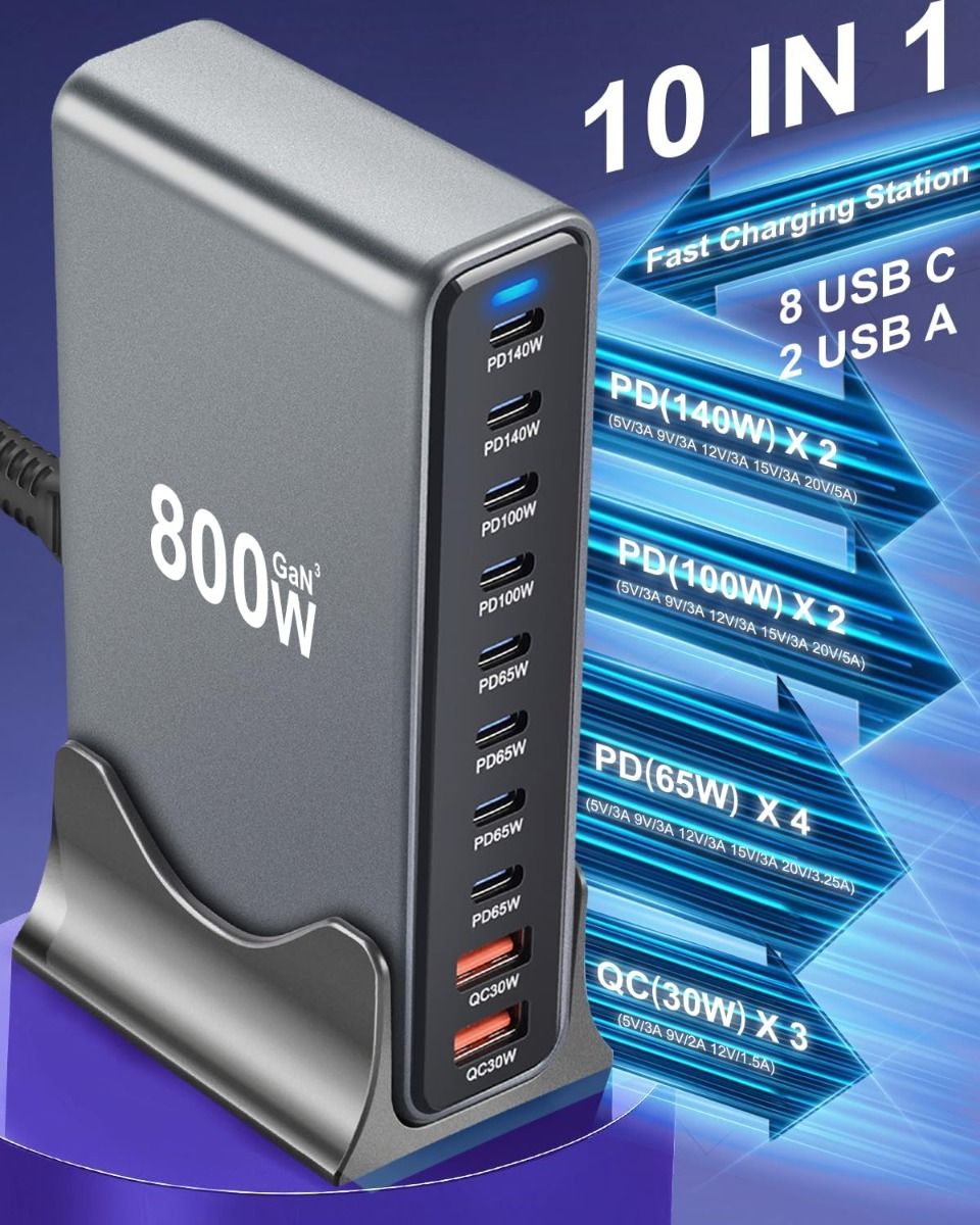 Cargador UBS C 800W GaN III Pro, 10 Puertos, 140W PD3.1, Estación de Carga Rápida Múltiples Dispositivos