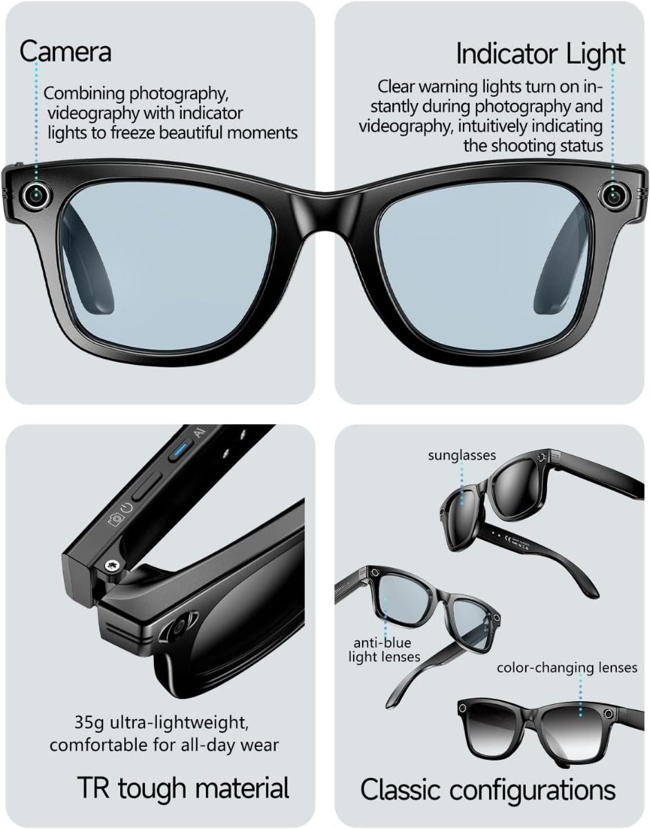 Gafas inteligentes de traducción con IA, Gafas inteligentes con cámara y Bluetooth, Gafas con IA para llamadas y música, Protección UV, Gafas antiluz azul para uso diario