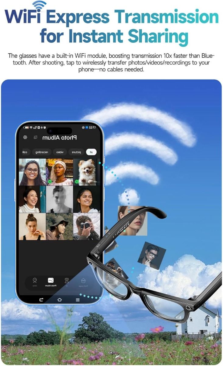 Gafas inteligentes de traducción con IA, Gafas inteligentes con cámara y Bluetooth, Gafas con IA para llamadas y música, Protección UV, Gafas antiluz azul para uso diario