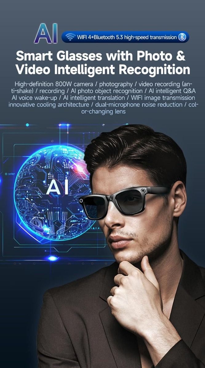 Gafas inteligentes de traducción con IA, Gafas inteligentes con cámara y Bluetooth, Gafas con IA para llamadas y música, Protección UV, Gafas antiluz azul para uso diario