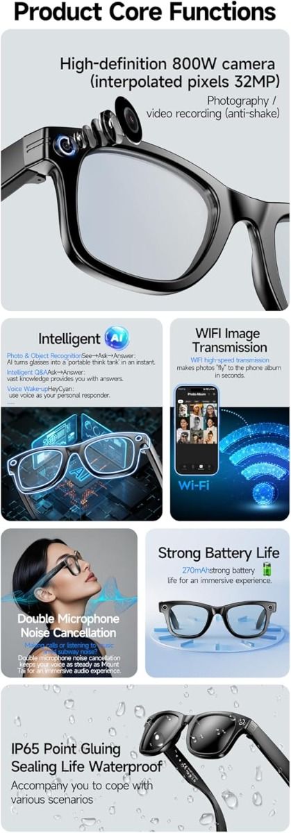 Gafas inteligentes de traducción con IA, Gafas inteligentes con cámara y Bluetooth, Gafas con IA para llamadas y música, Protección UV, Gafas antiluz azul para uso diario