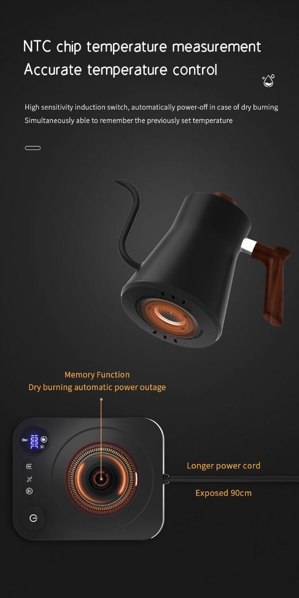 Tetera eléctrica de cuello de ganso con control de temperatura en tiempo real, 1200 vatios, calentamiento rápido, diseño seguro y vertido de precisión.