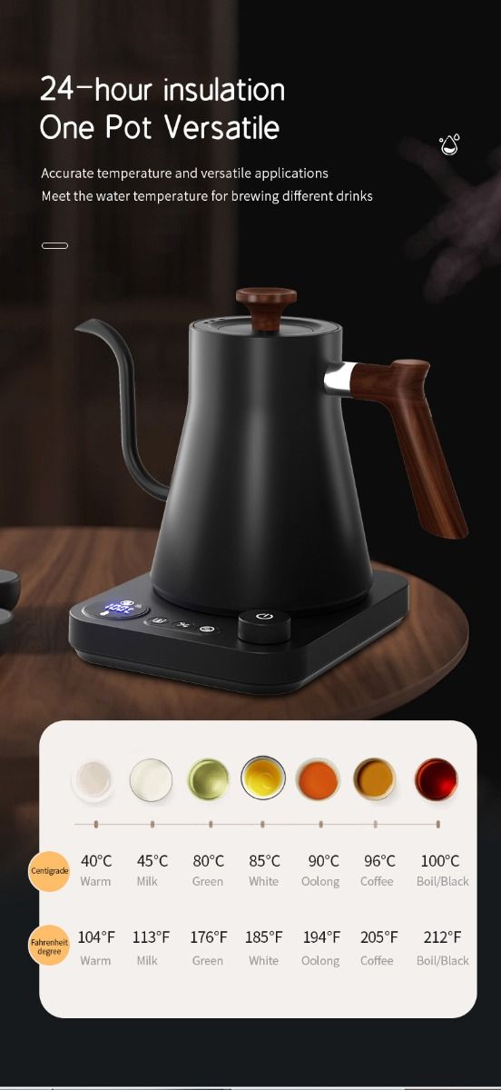 Tetera eléctrica de cuello de ganso con control de temperatura en tiempo real, 1200 vatios, calentamiento rápido, diseño seguro y vertido de precisión.