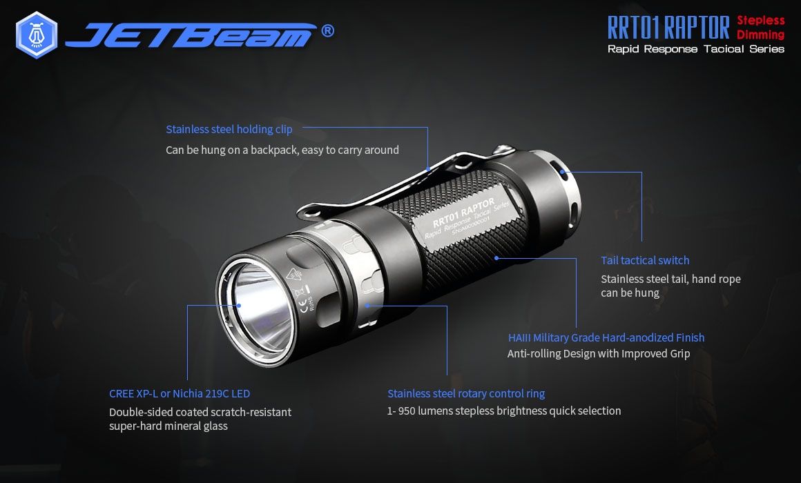 JETBeam JET-RRT01 XP-L 950 lúmenes LED linterna EDC iluminación exterior duradera para acampar y hacer senderismo