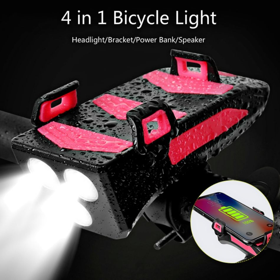 Mejora el ciclismo con la luz de bicicleta multifuncional 4 en 1 de 800 lúmenes, linterna, bocina, soporte para teléfono y banco de energía