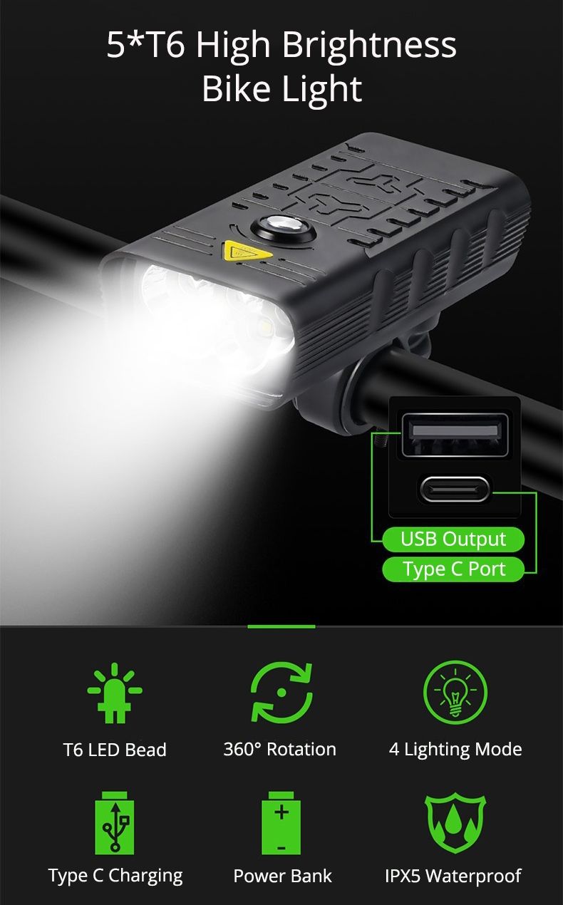 TK5 Luz Delantera de Bicicleta 5000 Lúmenes Recargable USB Impermeable Super Brillante con Múltiples Modos para Ciclismo