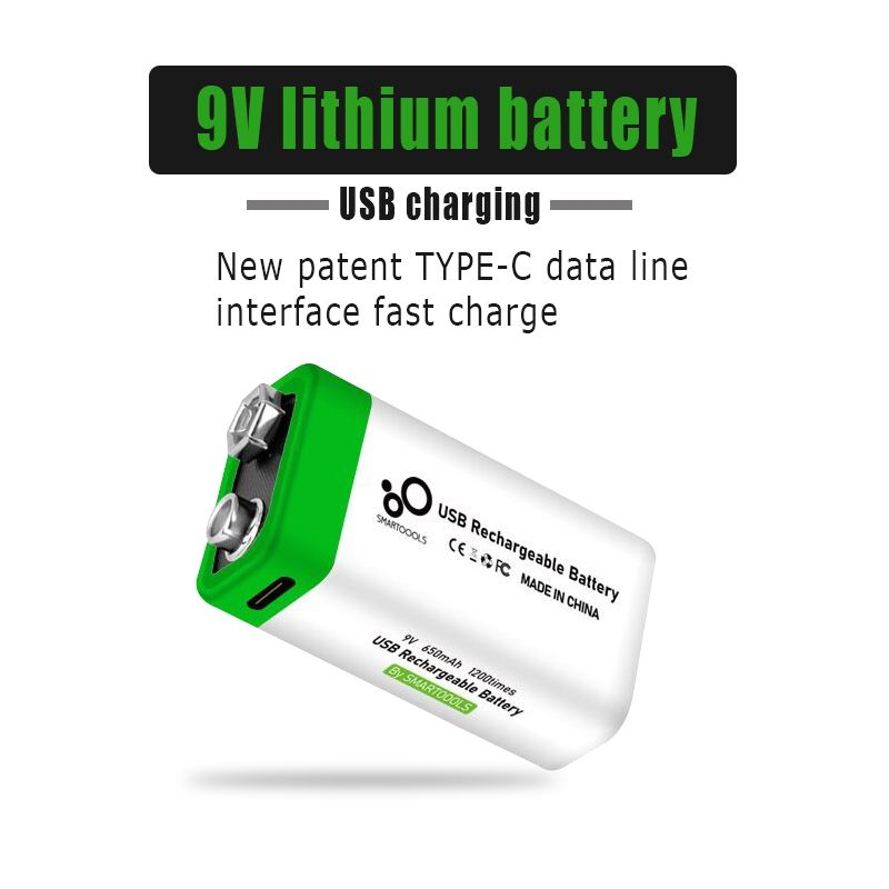 Batería recargable por USB de 9V 6F22 650mAh, ecológica, de iones de litio, para juguetes, micrófono, multímetro y más.