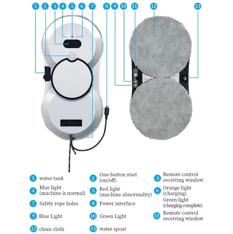 Robot limpiador de ventanas con tecnología inteligente, rociado automático de agua y succión de 5600Pa para ventanas impecables sin esfuerzo.