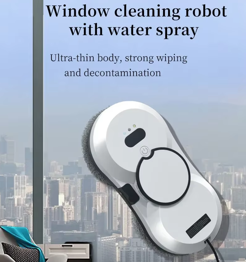 Robot limpiador de ventanas con tecnología inteligente, rociado automático de agua y succión de 5600Pa para ventanas impecables sin esfuerzo.