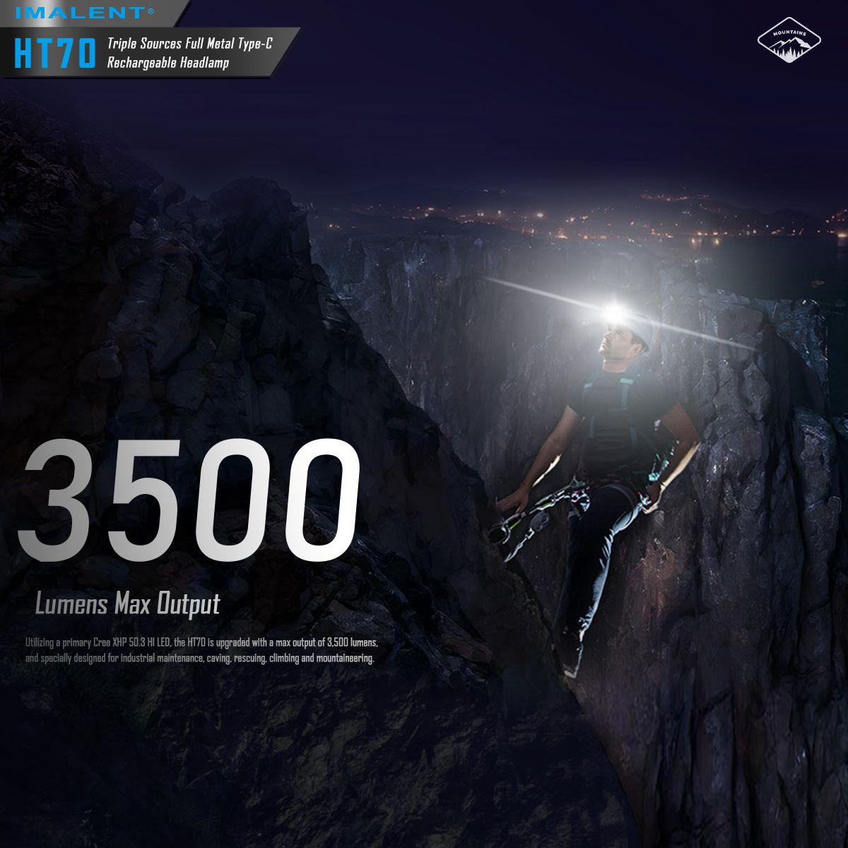 Linterna frontal IMALENT HT70 3500 lúmenes triple fuente de luz LED XHP50.3 ALTO recargable ideal para aventura