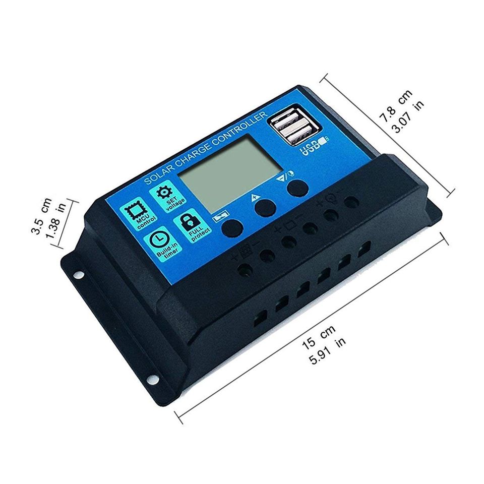 Controlador de carga solar automático 12V 24V PWM con pantalla LCD y doble salida USB para vehículos recreativos, cabañas remotas y sistemas domésticos.