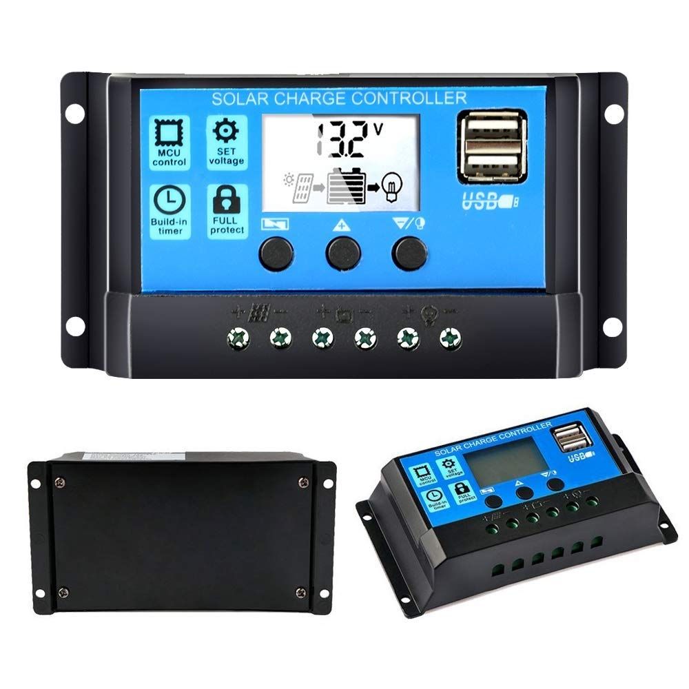 Controlador de carga solar automático 12V 24V PWM con pantalla LCD y doble salida USB para vehículos recreativos, cabañas remotas y sistemas domésticos.