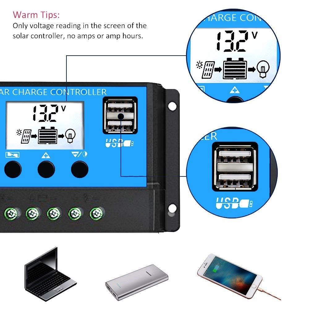 Controlador de carga solar automático 12V 24V PWM con pantalla LCD y doble salida USB para vehículos recreativos, cabañas remotas y sistemas domésticos.