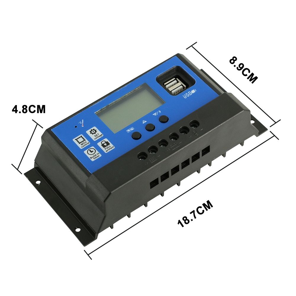 Controlador de carga solar automático 12V 24V PWM con pantalla LCD y doble salida USB para vehículos recreativos, cabañas remotas y sistemas domésticos.