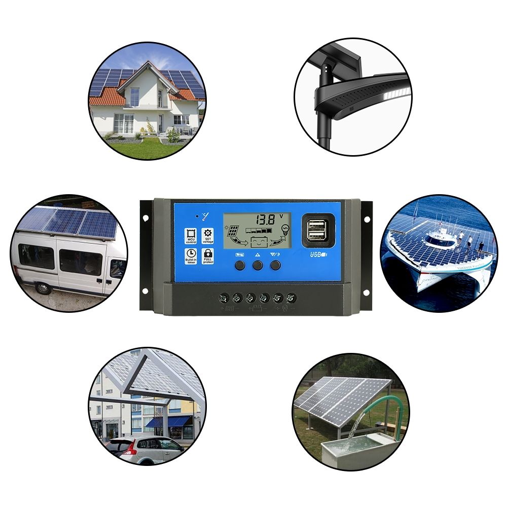 Controlador de carga solar automático 12V 24V PWM con pantalla LCD y doble salida USB para vehículos recreativos, cabañas remotas y sistemas domésticos.