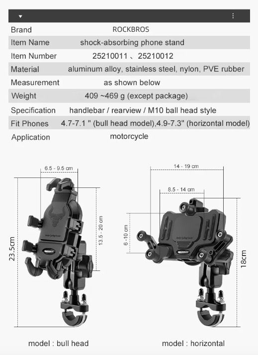 Soporte para teléfono ROCKBROS de aluminio duradero para motocicleta y bicicleta con absorción de impactos de silicona y soporte ajustable