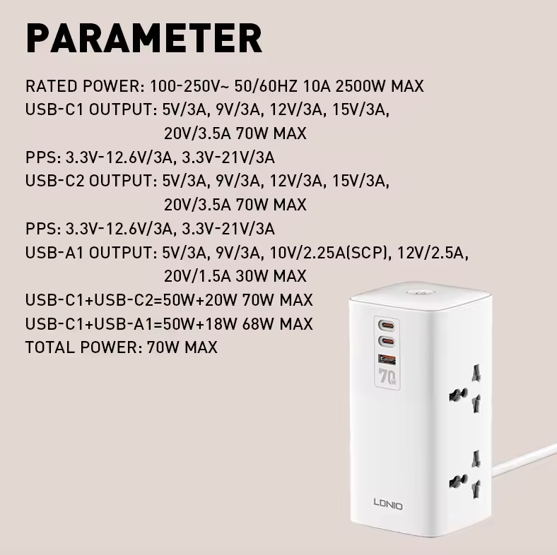 LDNIO Regleta de Torre Cubo Multi-tap 70W USB-C con Protección: Universal para Hogar y Oficina