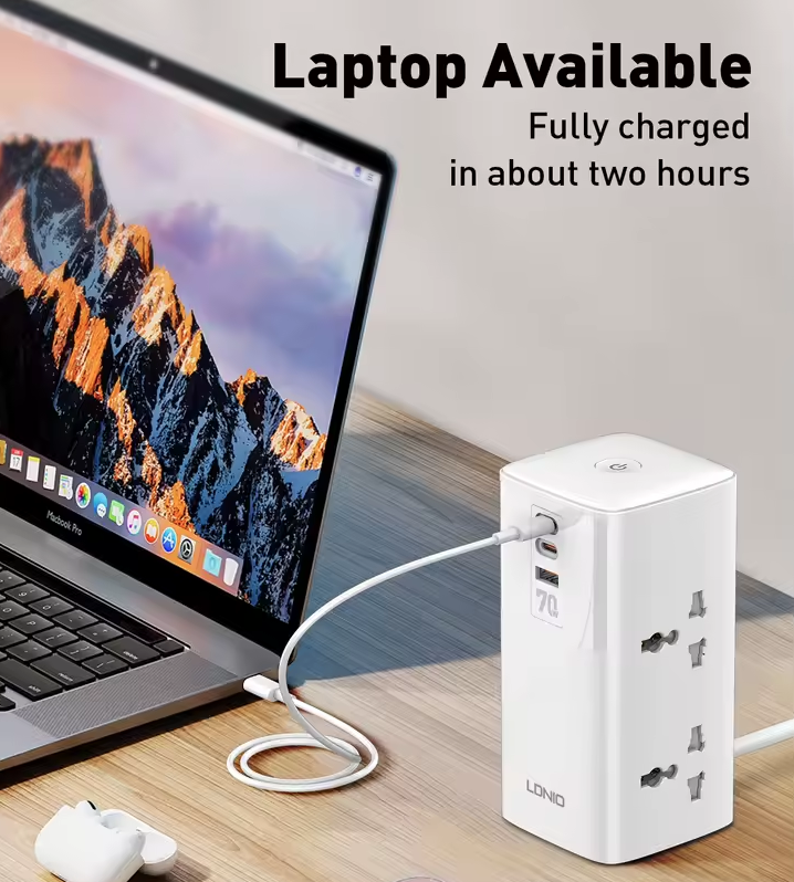 LDNIO Regleta de Torre Cubo Multi-tap 70W USB-C con Protección: Universal para Hogar y Oficina