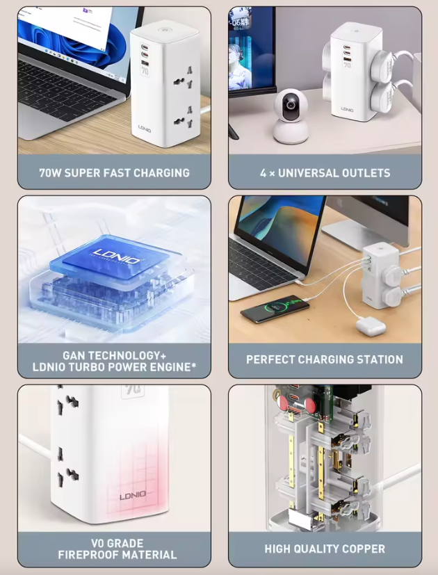 LDNIO Regleta de Torre Cubo Multi-tap 70W USB-C con Protección: Universal para Hogar y Oficina