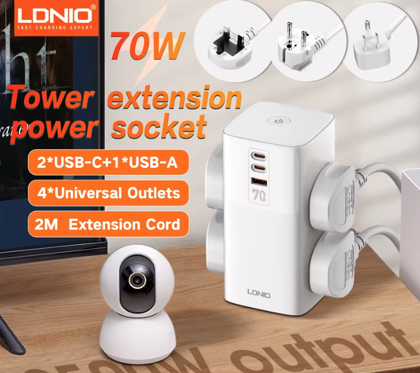 LDNIO Regleta de Torre Cubo Multi-tap 70W USB-C con Protección: Universal para Hogar y Oficina
