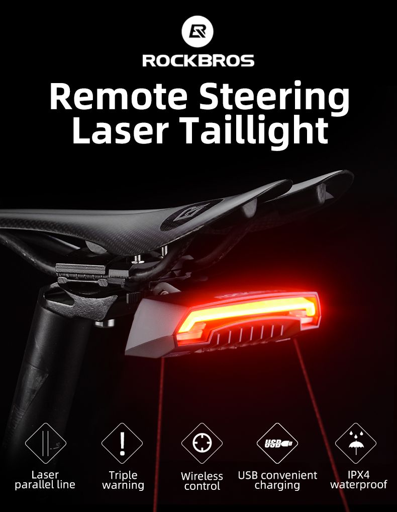 ROCKBROS LKWD-R1 Luz de Bicicleta Inteligente USB LED con Control Remoto Inalámbrico, Señal de Giro y Proyector Láser para Seguridad en Ciclismo