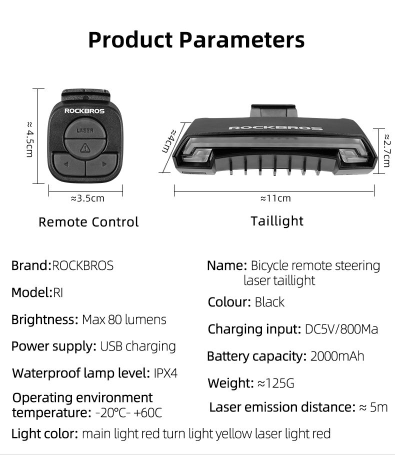 ROCKBROS LKWD-R1 Luz de Bicicleta Inteligente USB LED con Control Remoto Inalámbrico, Señal de Giro y Proyector Láser para Seguridad en Ciclismo