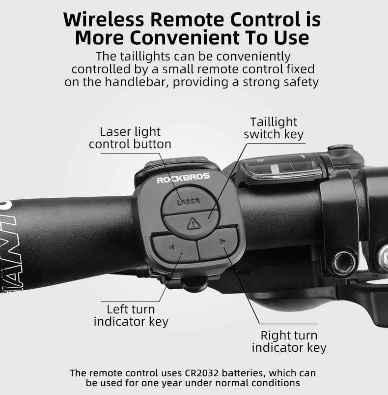 ROCKBROS LKWD-R1 Luz de Bicicleta Inteligente USB LED con Control Remoto Inalámbrico, Señal de Giro y Proyector Láser para Seguridad en Ciclismo