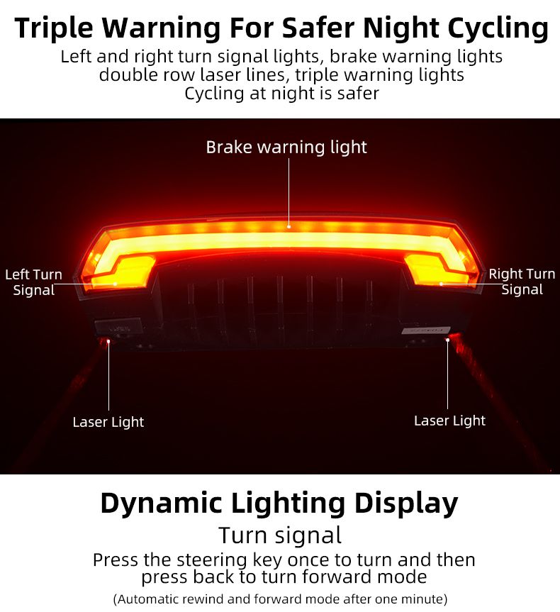 ROCKBROS LKWD-R1 Luz de Bicicleta Inteligente USB LED con Control Remoto Inalámbrico, Señal de Giro y Proyector Láser para Seguridad en Ciclismo