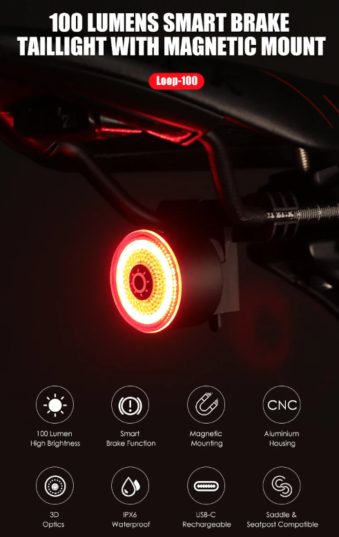 Gaciron LOOP-100 Luz trasera de bicicleta de alta luminosidad con sensor de freno y aleación de aluminio para ciclismo urbano y de montaña.