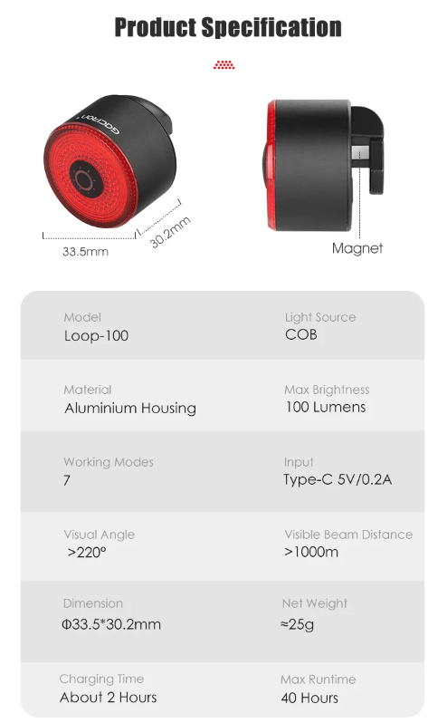 Gaciron LOOP-100 Luz trasera de bicicleta de alta luminosidad con sensor de freno y aleación de aluminio para ciclismo urbano y de montaña.