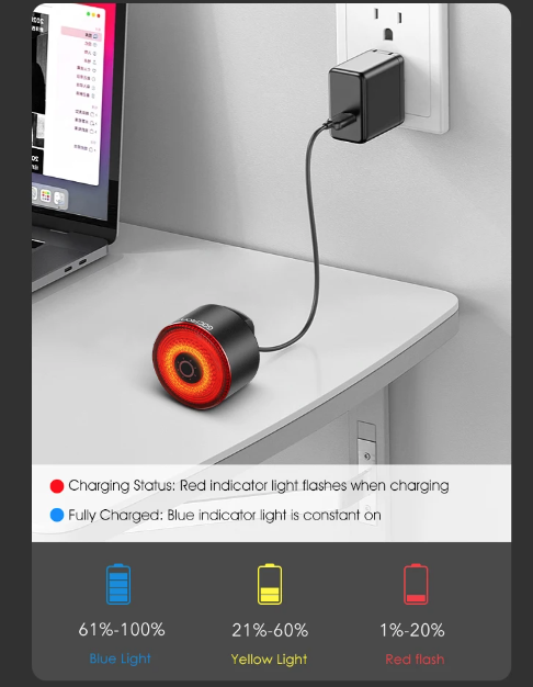 Gaciron LOOP-100 Luz trasera de bicicleta de alta luminosidad con sensor de freno y aleación de aluminio para ciclismo urbano y de montaña.