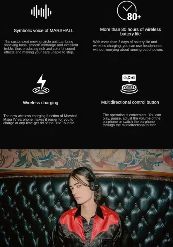 Marshall Major IV Auriculares Inalámbricos Bluetooth Sonido de Firma y Carga Inalámbrica para Entusiastas Música