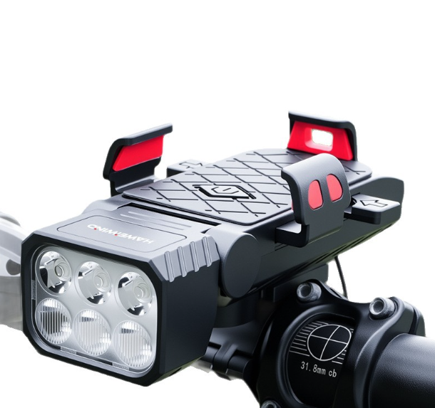 Luz Delantera Bicicleta Multifuncional 3 en 1: Bocina, Porta Celular. Seguridad Ciclismo Carga USB-C.