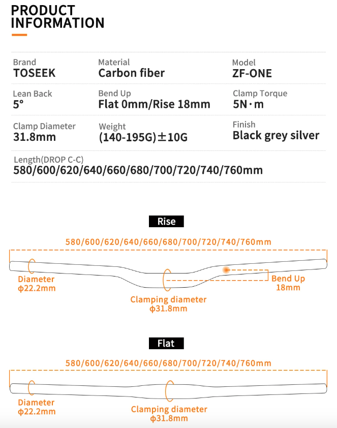 Manillar de bicicleta TOSEEK ZF-ONE MTB completo en fibra de carbono 31.8mm negro mate opción 580 a 760mm