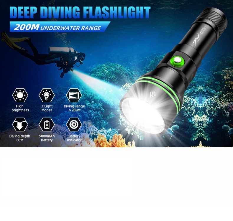 Linterna de buceo P70, Linterna de buceo de 5000 lúmenes súper brillante, Linterna submarina impermeable IPX8 para buceo nocturno, Luz sumergible a 200 metros