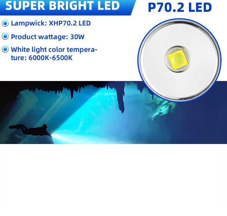 Linterna de buceo P70, Linterna de buceo de 5000 lúmenes súper brillante, Linterna submarina impermeable IPX8 para buceo nocturno, Luz sumergible a 200 metros