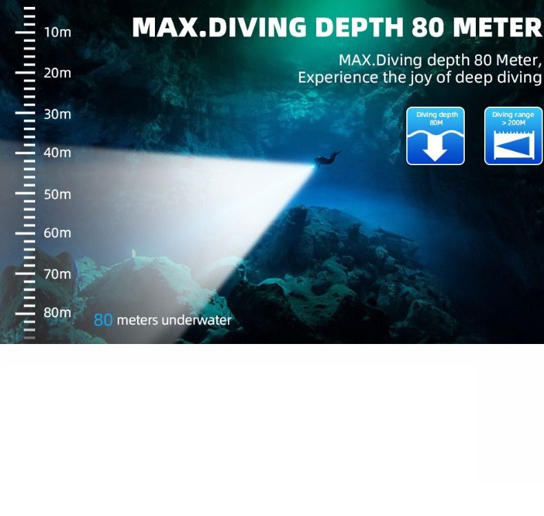 Linterna de buceo P70, Linterna de buceo de 5000 lúmenes súper brillante, Linterna submarina impermeable IPX8 para buceo nocturno, Luz sumergible a 200 metros