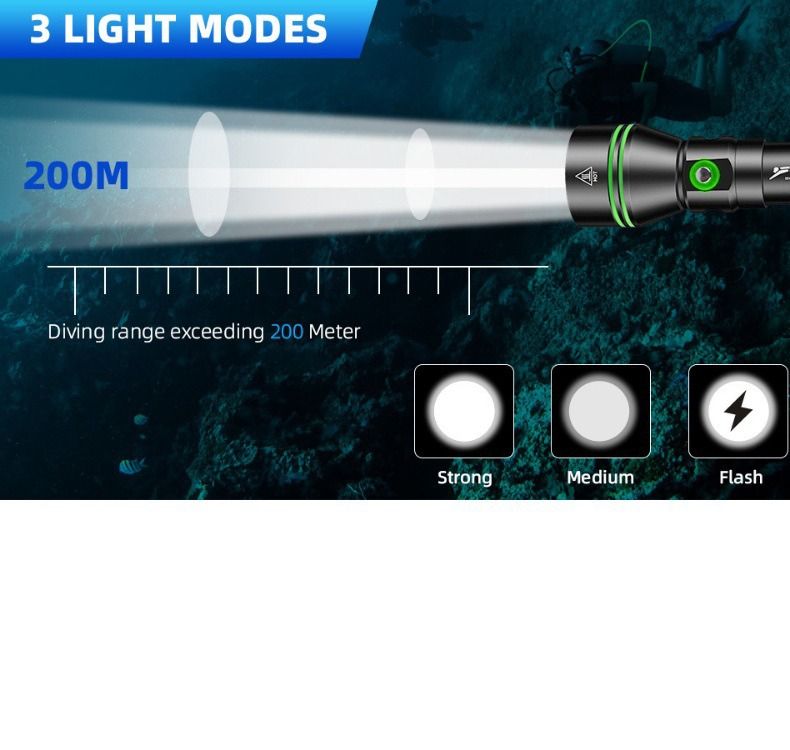 Linterna de buceo P70, Linterna de buceo de 5000 lúmenes súper brillante, Linterna submarina impermeable IPX8 para buceo nocturno, Luz sumergible a 200 metros