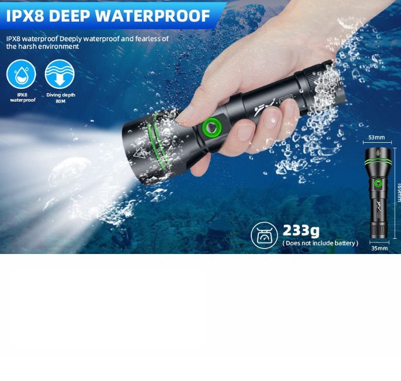 Linterna de buceo P70, Linterna de buceo de 5000 lúmenes súper brillante, Linterna submarina impermeable IPX8 para buceo nocturno, Luz sumergible a 200 metros