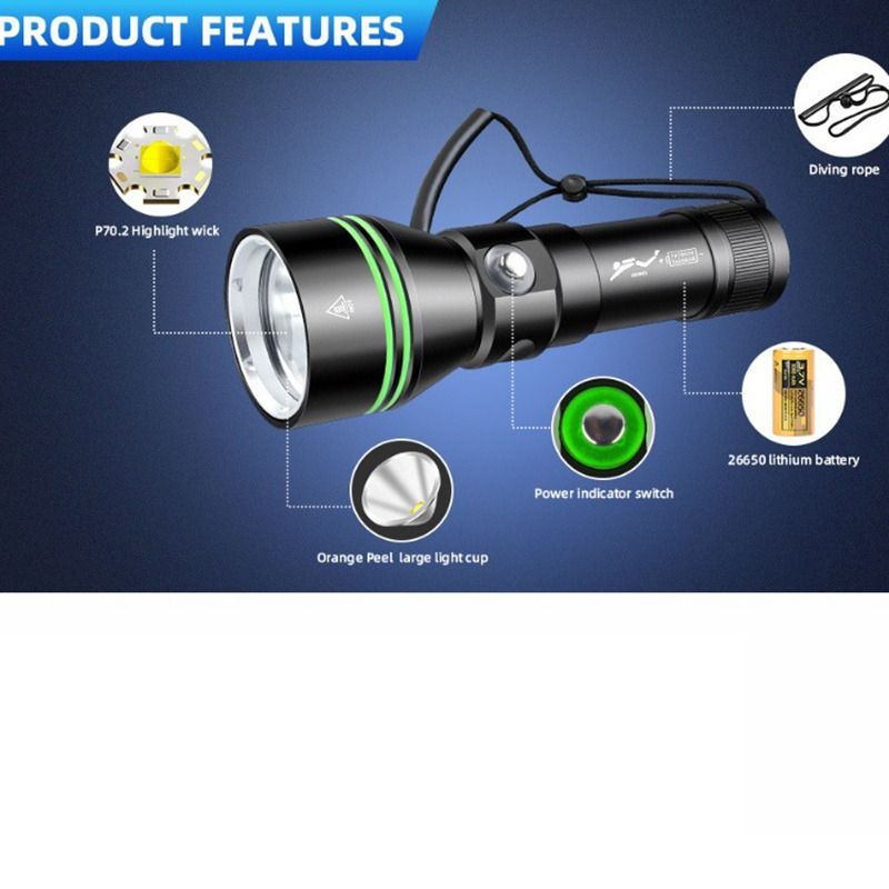 Linterna de buceo P70, Linterna de buceo de 5000 lúmenes súper brillante, Linterna submarina impermeable IPX8 para buceo nocturno, Luz sumergible a 200 metros