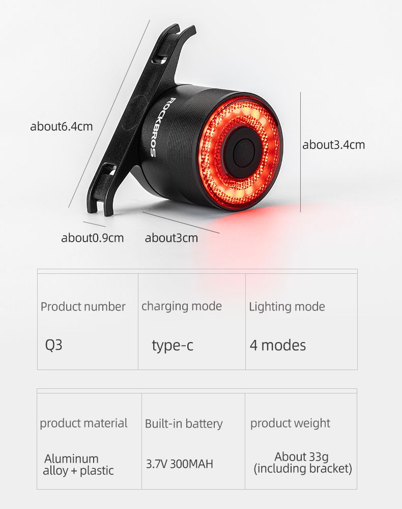 ROCKBROS Q3 Luz Trasera de Bicicleta con Sensor de Freno Inteligente IPX6 Impermeable para Seguridad en MTB y Ciclismo de Ruta