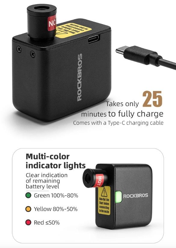 ROCKBROS Bomba de Aire Eléctrica Mini Portátil 100PSI Recargable Duradera Inflador de Neumáticos para Bicicleta, Moto y Coche