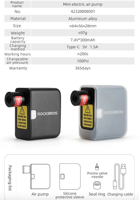 ROCKBROS Bomba de Aire Eléctrica Mini Portátil 100PSI Recargable Duradera Inflador de Neumáticos para Bicicleta, Moto y Coche