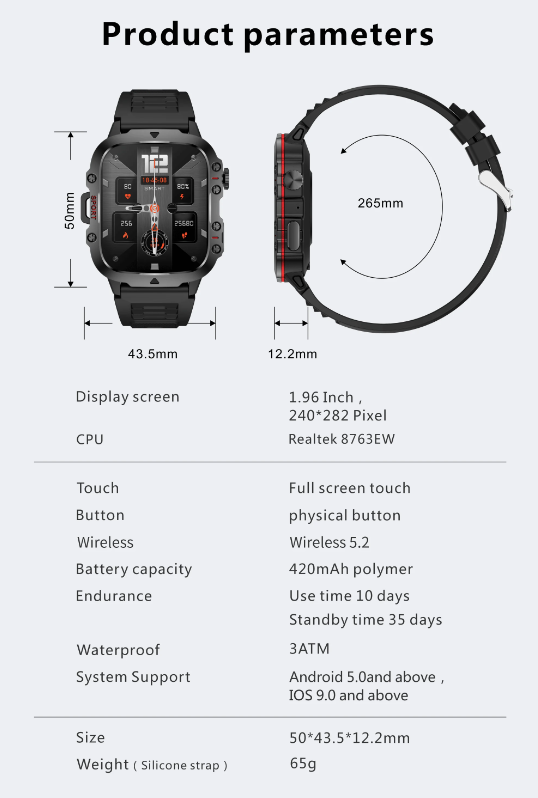 QX11 Reloj Inteligente para Hombre IP68 5ATM Rastreador de Fitness y Monitor de Salud para Deportes al Aire Libre con Llamada Bluetooth de 1.96" Smartwatch