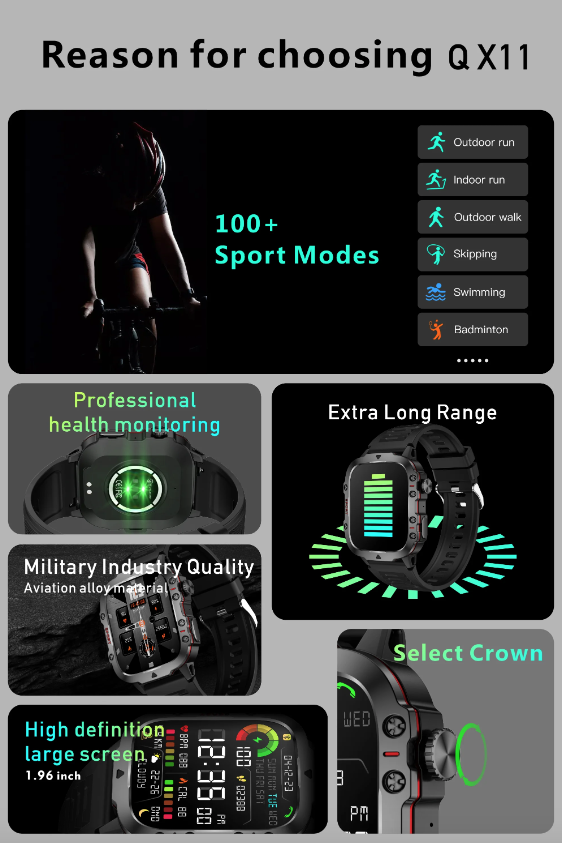 QX11 Reloj Inteligente para Hombre IP68 5ATM Rastreador de Fitness y Monitor de Salud para Deportes al Aire Libre con Llamada Bluetooth de 1.96" Smartwatch